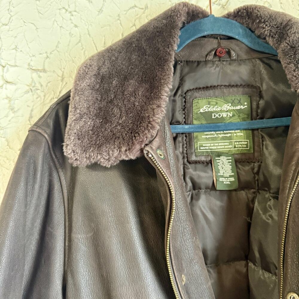 Vintage Eddie Bauer Lambskin Leather Goose Down Bomber Jacket with Plush Collar - Picture 2 of 16